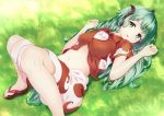  1girl animal_ears breasts cloud_print collared_shirt grass green_eyes green_hair horn knees_up komano_aun looking_at_viewer lying midriff minku_(nico_seiga) navel on_back on_grass outdoors red_shirt sandals shirt short_hair shorts small_breasts solo tareme touhou white_shorts wing_collar 