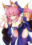 1girl absurdres animal_ears bare_shoulders blue_legwear blue_ribbon blush breasts cleavage collarbone detached_sleeves eyebrows_visible_through_hair fang fate/extra fate/grand_order fate_(series) fox_ears fox_shadow_puppet fox_tail hair_ribbon highres japanese_clothes large_breasts looking_at_viewer off_shoulder open_mouth pink_hair ribbon solo tail tamamo_(fate)_(all) tamamo_no_mae_(fate) thigh-highs yellow_eyes yuki_kawachi 