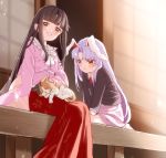  2girls animal animal_ears black_hair blazer cat hime_cut houraisan_kaguya jacket japanese_clothes kimono long_hair long_skirt long_sleeves looking_at_viewer miniskirt multiple_girls necktie outdoors petting pink_kimono pink_skirt pout purple_hair rabbit_ears red_eyes red_neckwear red_skirt reisen_udongein_inaba satomachi seiza sitting skirt smile sweatdrop touhou very_long_hair wide_sleeves 