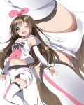  1girl ;d a.i._channel aqua_eyes ass bangs bare_shoulders black_bow black_neckwear blurry blush bow bowtie brown_hair brown_panties depth_of_field detached_sleeves eyebrows_visible_through_hair from_below hair_ribbon highres kizuna_ai leg_up long_hair long_sleeves looking_at_viewer mtu_(orewamuzituda) multicolored_hair multiple_views navel one_eye_closed open_mouth panties pantyshot pantyshot_(standing) pink_hair pink_ribbon ribbon round_teeth sailor_collar school_uniform serafuku shiny shiny_hair shiny_skin smile solo standing standing_on_one_leg stomach swept_bangs teeth thigh-highs thighs two-tone_hair underwear upshorts very_long_hair white_legwear 