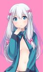  1girl black_panties blue_eyes blush bow breasts breasts_apart closed_mouth eromanga_sensei eyebrows_visible_through_hair frown green_jacket groin hair_between_eyes hair_bow head_tilt izumi_sagiri jacket long_hair long_sleeves looking_away medium_breasts nao_(doublexdutch) navel open_clothes open_jacket panties pink_background pink_bow silver_hair solo underwear very_long_hair 