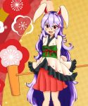  1girl :d absurdly_long_hair animal_ears blush breasts bunny_tail dress food haruirokomici japanese_clothes kimono kimono_skirt kine long_hair looking_at_viewer mochi open_mouth purple_hair rabbit_ears red_eyes reisen_udongein_inaba sleeves_past_wrists small_breasts smile solo tail touhou very_long_hair wagashi wide_sleeves 