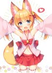  1girl :d animal_ears arms_up bell blue_eyes blush bow commentary_request detached_sleeves eyebrows_visible_through_hair fang floral_background fox_ears fox_tail hair_bell hair_ornament hair_ribbon hairclip heart jingle_bell kemomimi_vr_channel long_hair looking_at_viewer navel nekomasu_(kemomimi_vr_channel) open_mouth outstretched_arms red_skirt ribbon ribbon-trimmed_legwear ribbon_trim sazaki_ichiri simple_background skirt smile solo spoken_heart tail thigh-highs twintails white_background white_legwear wide_sleeves 