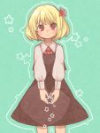  1girl black_skirt black_vest blonde_hair blush closed_mouth green_background hair_ornament long_sleeves looking_at_viewer red_eyes rumia sasa_kichi skirt solo standing star touhou vest 