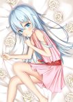  1girl barefoot bed blue_eyes blue_hair blush closed_mouth eyebrows_visible_through_hair finger_to_mouth flower habu. hibiki_(kantai_collection) index_finger_raised kantai_collection long_hair looking_at_viewer lying on_side rose solo white_flower white_rose 