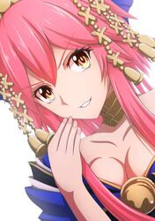  1girl bell breasts cleavage collarbone eyebrows_visible_through_hair fate/grand_order fate_(series) hair_ribbon highres inaroinaroi japanese_clothes jingle_bell large_breasts looking_at_viewer nail_polish off_shoulder open_mouth pink_hair ribbon simple_background solo tamamo_(fate)_(all) tamamo_no_mae_(fate) white_background yellow_eyes 