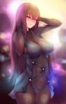  1girl armor bodysuit breasts covered_navel fate/grand_order fate_(series) heart_tattoo large_breasts long_hair looking_at_viewer navel nikuku_(kazedesune) pubic_tattoo purple_bodysuit purple_hair red_eyes scathach_(fate/grand_order) solo tattoo 