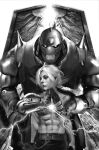  2boys abs alphonse_elric armor bangs belt blonde_hair braid brothers cowboy_shot edward_elric eyelashes full_armor fullmetal_alchemist glowing glowing_eyes half_updo hands_together highres lightning living_armor long_hair looking_to_the_side male_focus mechanical_arm miawrly monochrome multiple_boys navel nose open_gate pants parted_bangs prosthesis prosthetic_arm shirtless shoulder_spikes siblings spiked_helmet spikes the_gate_(fma) white_background 