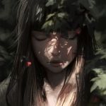 1girl bangs black_hair blunt_bangs blurry closed_eyes closed_mouth commentary dappled_sunlight day depth_of_field face forest guweiz long_hair nature original outdoors pink_lips plant shadow solo sunlight tree 