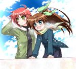  2girls arm_behind_head arm_support black_shirt breath brown_hair clouds cloudy_sky day eyebrows_visible_through_hair fuuka_reventon green_coat green_eyes green_ribbon hair_ribbon kohaku_(kohagura) leaning_forward light_particles light_smile looking_to_the_side lyrical_nanoha multiple_girls nove_(nanoha) numbers_(nanoha) open_mouth outdoors ponytail redhead ribbon shirt short_hair sky smile vivid_strike! yellow_eyes 