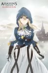  1girl absurdres alternate_costume assassin&#039;s_creed_(series) belt blonde_hair blue_eyes cloak commentary_request highres hood hood_up hooded_cloak long_hair long_sleeves looking_at_viewer rko_(a470350510) solo violet_evergarden violet_evergarden_(character) 