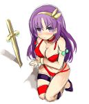  1girl arm_support bangs bare_shoulders bikini blush bracelet breast_hold breasts cleavage closed_mouth eyebrows_visible_through_hair hair_between_eyes halter_top halterneck jewelry kurasuke long_hair looking_at_viewer medium_breasts nose_blush planted_sword planted_weapon princess_athena purple_footwear purple_hair red_bikini sketch snk solo swimsuit sword thigh_strap torn_bikini v-shaped_eyebrows very_long_hair violet_eyes weapon white_background yellow_hairband 