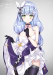  1girl 2018 3: bare_shoulders black_gloves black_legwear blue_hair blush breasts choker closed_mouth collarbone cowboy_shot dated dress dress_lift girls_frontline gloves gradient gradient_background green_eyes hairband hk416_(girls_frontline) large_breasts long_hair number signature solo standing strapless strapless_dress thigh-highs twitter_username unel1211 very_long_hair 