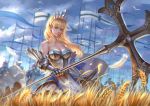  armor bare_shoulders bird blonde_hair blue_eyes blue_sky breasts character_request cleavage collarbone copyright_request earrings feathers flag gauntlets god_hunter helmet highres holding holding_weapon jewelry knight long_hair looking_at_viewer medium_breasts outdoors polearm seagull shield sky solo_focus standing weapon wheat wheat_field white_feathers 