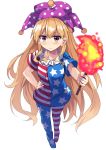  &gt;:( 1girl american_flag_dress american_flag_legwear blonde_hair clownpiece collarbone commentary_request e.o. eyebrows_visible_through_hair full_body hand_on_hip hat highres holding jester_cap long_hair looking_at_viewer neck_ruff no_shoes red_eyes short_sleeves simple_background solo torch touhou very_long_hair white_background 