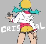  1girl aqua_hair ass bike_shorts black_nails crystal_(pokemon) grey_background headwear k!n nail_polish pokegear pokemon pokemon_(game) pokemon_gsc twintails 
