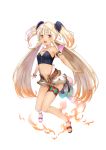  1girl ahoge atelier_(series) atelier_lydie_&amp;_suelle blonde_hair blush breasts cleavage fire full_body fuuko_(atelier) long_hair looking_at_viewer midriff navel official_art open_mouth pointy_ears sandals simple_background small_breasts smile solo twintails white_background yellow_eyes 