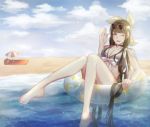  1girl beach bell bell_choker bikini black_hair bow chabashira_tenko choker dangan_ronpa eyewear_on_head floating green_eyes hair_ornament hair_ribbon hairband innertube long_hair looking_at_viewer mole mole_under_mouth new_dangan_ronpa_v3 one_eye_closed ribbon solo sunglasses swimsuit twintails water 