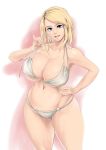  1girl belly bikini bikini_bottom bikini_pull bikini_top blonde_hair blue_eyes bouncing_breasts breasts cleavage collarbone curvy hand_on_hip highres huge_breasts large_breasts looking_at_viewer navel plump remu_(kirieroido) short_hair smile swimsuit thick_thighs thighs wide_hips 