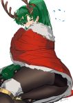  1girl absurdres ass blush bodysuit bracelet cape christmas cosplay dotentity embarrassed fire_emblem fire_emblem:_kakusei fire_emblem:_rekka_no_ken fire_emblem_heroes green_eyes green_hair high_ponytail highres horns jewelry long_hair looking_at_viewer lyndis_(fire_emblem) pantyhose ponytail solo tharja tharja_(cosplay) tiara white_background 