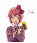  1girl :d bangs bow brown_vest collared_shirt commentary doki_doki_literature_club eyebrows_visible_through_hair flower hair_bow holding holding_flower jacket long_sleeves looking_at_viewer neck_ribbon open_clothes open_jacket open_mouth red_bow red_jacket red_ribbon redhead ribbon round_teeth satchely sayori_(doki_doki_literature_club) school_uniform shirt short_hair simple_background smile solo speech_bubble sunflower teeth upper_body vest violet_eyes white_background wing_collar 