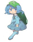  1girl :o bangs blue_eyes blue_footwear blue_hair blue_shirt blue_skirt blush boots chibi full_body green_hat hat highres kawashiro_nitori key_necklace knee_boots long_sleeves looking_at_viewer parted_lips sasa_kichi shirt simple_background skirt solo touhou twintails white_background wing_collar 