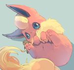  :3 blue_background blue_eyes closed_mouth commentary_request flareon looking_at_viewer lying manino_(mofuritaionaka) no_humans on_side pokemon pokemon_(creature) simple_background solo 