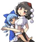  2girls bare_arms barefoot black_hair black_skirt bloomers blue_bow blue_dress blue_eyes blue_hair bow cirno commentary_request crying crying_with_eyes_open dress hair_bow hat hug leg_lock looking_at_viewer multiple_girls pom_pom_(clothes) puffy_short_sleeves puffy_sleeves red_eyes sasa_kichi shaft_look shameimaru_aya short_dress short_sleeves simple_background skirt sweatdrop tan tanned_cirno tears tokin_hat touhou underwear white_background 