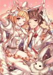  1boy 1girl ;d animal_ears arm_up blonde_hair bow bowtie breasts brown_eyes brown_hair cleavage djeeta_(granblue_fantasy) fake_animal_ears gloves gran_(granblue_fantasy) granblue_fantasy hairband hand_on_another&#039;s_cheek hand_on_another&#039;s_face highres homaderi leotard medium_breasts one_eye_closed open_mouth rabbit rabbit_ears red_bow red_neckwear short_hair smile thigh-highs white_gloves white_hairband white_legwear white_leotard wrist_cuffs 