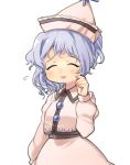  1girl blue_hair blush closed_eyes eyebrows_visible_through_hair fingernails flying_sweatdrops hand_on_own_face hand_up jacket long_sleeves looking_at_viewer merlin_prismriver nervous_smile parted_lips pink_vest sasa_kichi short_hair simple_background smile solo touhou upper_body white_background wing_collar 