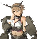  1girl 3d arm_behind_back bangs bare_shoulders black_skirt blush breasts brown_hair cleavage closed_mouth collar collarbone flipped_hair gloves green_eyes hair_between_eyes headgear highres kantai_collection large_breasts looking_at_viewer midriff mutsu_(kantai_collection) navel pleated_skirt ponpu-chou rigging short_hair simple_background skirt smokestack solo turret upper_body white_background white_gloves 