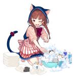  1girl animal_ears barefoot bath blush braid brown_hair bubble_bath cat cat_ears cat_tail container hood long_hair official_art open_mouth red_eyes skirt sleeves_past_elbows solo splashing squatting tail tail_ring towel transparent_background twin_braids uchi_no_hime-sama_ga_ichiban_kawaii wednesday_(uchi_no_hime-sama) wince 