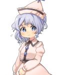  1girl blue_eyes blue_hair blush closed_mouth eyebrows_visible_through_hair flying_sweatdrops jacket long_sleeves looking_at_viewer merlin_prismriver pink_vest sasa_kichi short_hair simple_background smile solo touhou upper_body white_background wing_collar 
