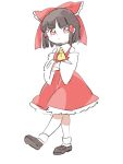  1girl ascot bare_shoulders brown_footwear brown_hair chibi closed_mouth crossed_arms full_body hair_ribbon hair_tubes hakurei_reimu hands_in_sleeves long_sleeves looking_at_viewer red_eyes red_ribbon red_skirt red_vest ribbon sasa_kichi shoes simple_background skirt socks solo standing standing_on_one_leg touhou vest walking white_background white_legwear yellow_neckwear 
