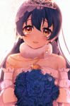  1girl bangs blue_flower blue_hair bouquet bridal_veil bride dress earrings eyebrows_visible_through_hair flower hair_between_eyes highres jewelry long_hair looking_at_viewer love_live! love_live!_school_idol_festival love_live!_school_idol_project open_mouth sakura_yuki_(clochette) scan simple_background solo sonoda_umi strapless strapless_dress tears tiara veil wedding_dress white_dress yellow_eyes 