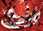  1girl abstract black_eyes black_hair kamin original red red_background sailor_collar school_uniform short_hair skirt 