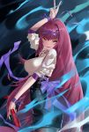  1girl absurdres alternate_costume blbc2 breasts fate/grand_order fate_(series) gae_bolg hair_between_eyes highres holding holding_weapon lance large_breasts long_hair looking_at_viewer polearm purple_hair red_eyes scathach_(fate/grand_order) smile solo v very_long_hair weapon 