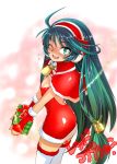  1girl ;) ahoge bell blush box breasts capelet character_request christmas cleavage commentary_request dress earmuffs ez6 fingerless_gloves fur_trim gift gift_box gloves green_eyes green_hair hair_bell hair_ornament hairband highres long_hair looking_back one_eye_closed open_mouth red_dress red_gloves santa_costume small_breasts smile solo thigh-highs v_arms very_long_hair white_legwear wink zettai_ryouiki 