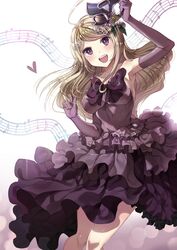  1girl ahoge akamatsu_kaede alternate_costume bare_shoulders blonde_hair dangan_ronpa dress elbow_gloves flower gloves hair_flower hair_ornament long_hair mask musical_note_hair_ornament new_dangan_ronpa_v3 ribbon smile ssumbi 