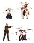  1girl 2boys androgynous armor beard blonde_hair brown_hair closed_eyes crossover facial_hair fate/apocrypha fate_(series) green_eyes hakama japanese_armor japanese_clothes katsugeki/touken_ranbu kneeling mordred_(fate) mordred_(fate)_(all) multiple_boys polearm ponytail redhead saniwa_(katsugeki/touken_ranbu) saniwa_(touken_ranbu) sheath sheathed shishigou_kairi sunglasses sword tonbokiri_(touken_ranbu) touken_ranbu translation_request twoframe weapon white_hair yari yellow_eyes 