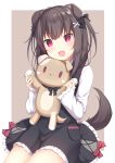  1girl :d amashiro_natsuki animal_ears black_bow black_dress blush bow brown_background brown_hair commentary_request dog_ears dog_girl dog_tail dress fang frilled_dress frills hair_bow hair_ornament head_tilt highres holding holding_stuffed_animal long_hair long_sleeves looking_at_viewer open_mouth original pocket red_bow shirt sitting sleeves_past_wrists smile solo stuffed_animal stuffed_dog stuffed_toy tail two-tone_background violet_eyes white_background white_shirt x_hair_ornament 