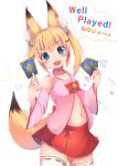  1girl airmisuzu animal_ears bangs bare_shoulders bell between_fingers blonde_hair blue_eyes blush bow breasts card cleavage collarbone cowboy_shot detached_sleeves english eyebrows eyebrows_visible_through_hair facing_away fang fox_ears fox_tail hair_bell hair_between_eyes hair_ornament hair_ribbon hairclip head_tilt hearthstone highres holding holding_card jingle_bell kemomimi_vr_channel long_hair long_sleeves looking_at_viewer midriff miniskirt navel nekomasu_(kemomimi_vr_channel) open_mouth pink_shirt playing_card pleated_skirt red_bow red_ribbon red_skirt ribbon ribbon-trimmed_clothes ribbon-trimmed_legwear ribbon_trim shirt simple_background skirt small_breasts solo speech_bubble standing stomach tail tareme text thigh-highs triangle twintails v-shaped_eyebrows warcraft white_background white_legwear wide_sleeves world_of_warcraft zettai_ryouiki 