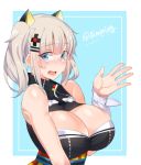  1girl blue_eyes blush breasts cleavage cleavage_cutout dress hair_ornament kaguya_luna kaguya_luna_(character) large_breasts open_mouth pring654 ribbon short_hair silver_hair sleeveless sleeveless_dress solo twintails twitter_username wrist_ribbon x_hair_ornament 