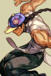  1boy bare_shoulders baseball_cap black_hair black_pants braid closed_mouth fighting_stance green_background hankuri hat long_hair male_focus muscle open_eyes pants shirt single_braid solo street_fighter white_shirt yun_lee 