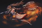  1girl armor axe black_background brown_eyes brown_hair cross cross_necklace dungeon_and_fighter facepaint full_body gauntlets highres jewelry motion_blur necklace ponytail potion slashing solo xian_yu_mo_ren 