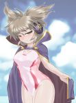  1girl blue_background blue_sky brown_eyes brown_hair cape clouds competition_swimsuit cowboy_shot earmuffs grey_cape one-piece_swimsuit pointy_hair sky solo standing swimsuit touhou toyosatomimi_no_miko white_swimsuit winn 