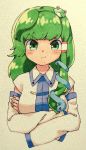  1girl absurdres bangs blunt_bangs crossed_arms detached_sleeves eyebrows_visible_through_hair fingernails frog_hair_ornament green_eyes green_hair hair_ornament highres long_hair long_sleeves looking_at_viewer pout sasa_kichi solo touhou traditional_media upper_body 