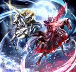  2girls armor armored_boots artoria_pendragon_(all) artoria_pendragon_(lancer) artoria_pendragon_(lancer_alter) boots fate/grand_order fate_(series) flower full_armor full_body full_moon gauntlets helmet highres holding holding_sword holding_weapon horse masukudo_(hamamoto_hikaru) moon multiple_girls night outdoors red_eyes riding sword weapon white_flower 