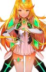 1girl absurdres armor blonde_hair blush breasts cleavage dress gloves highres mythra_(xenoblade) large_breasts long_hair looking_at_viewer simple_background smile solo tarbo_(exxxpiation) white_background xenoblade xenoblade_2 yellow_eyes 