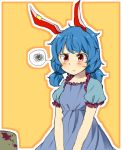  1girl animal_ears blue_dress blue_hair blush closed_mouth dress ear_piercing embarrassed highres looking_at_viewer orange_background outline piercing pout puffy_short_sleeves puffy_sleeves rabbit_ears red_eyes sasa_kichi seiran_(touhou) short_sleeves simple_background solo speech_bubble spoken_squiggle squiggle touhou upper_body 